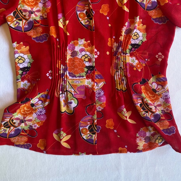 Vtg Michele Michelle Short Sleeve Blouse Sz Med Red Boho Colorful Office Pleated - Picture 3 of 11